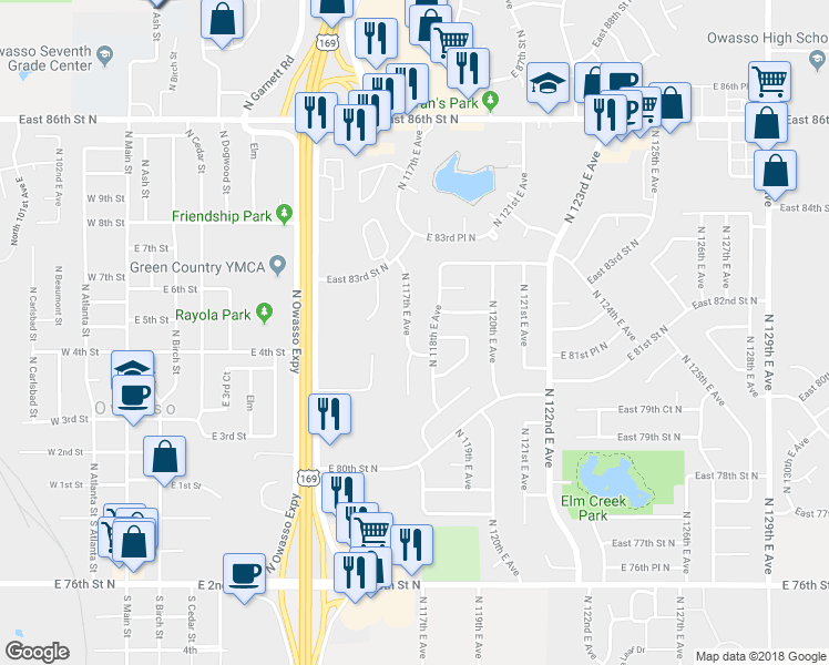 map of restaurants, bars, coffee shops, grocery stores, and more near 8209 North 117th East Avenue in Owasso