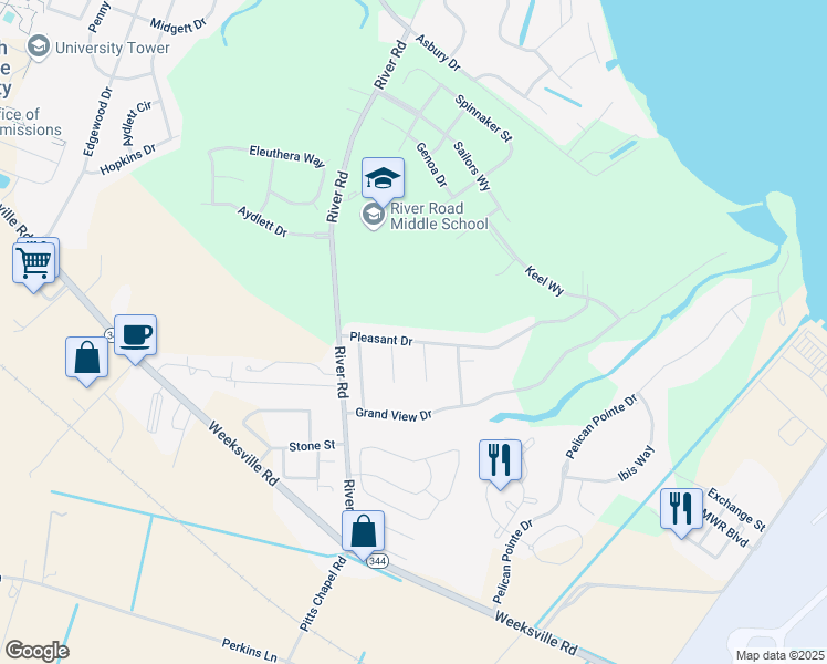 map of restaurants, bars, coffee shops, grocery stores, and more near 100 Green Run Court in Elizabeth City
