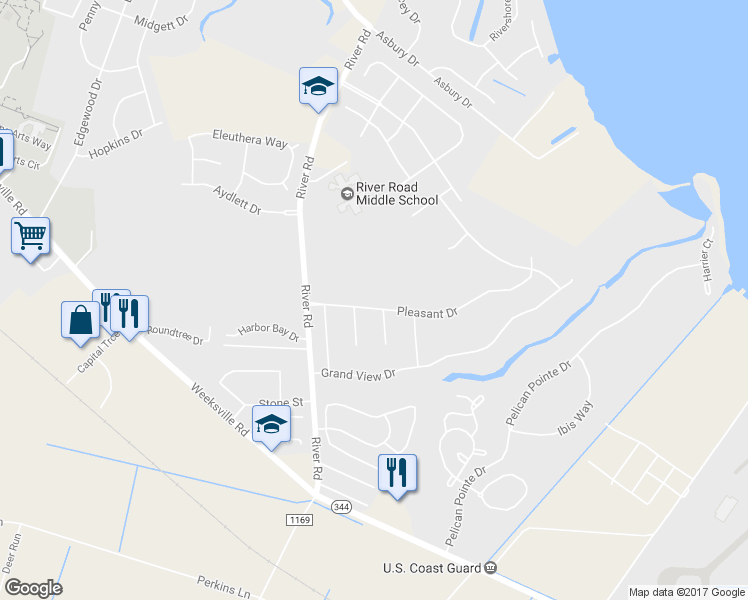 map of restaurants, bars, coffee shops, grocery stores, and more near 114 Pleasant Drive in Elizabeth City