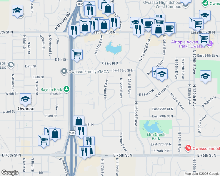 map of restaurants, bars, coffee shops, grocery stores, and more near 11804 East 81st Street North in Owasso