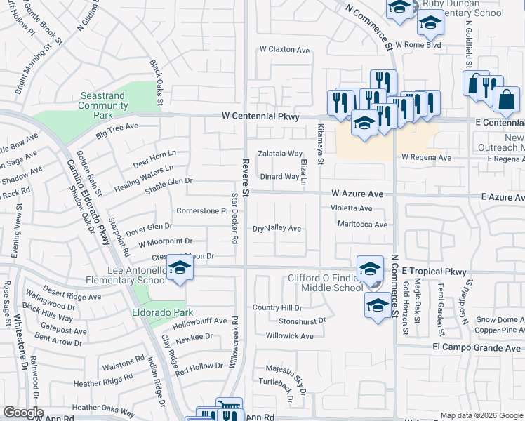map of restaurants, bars, coffee shops, grocery stores, and more near 6128 Casper Sands Court in North Las Vegas