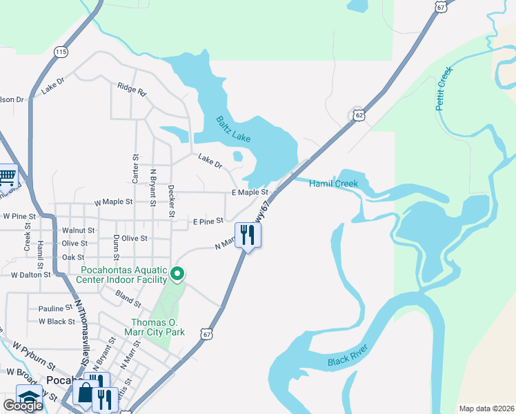 map of restaurants, bars, coffee shops, grocery stores, and more near U.S. 67 in Pocahontas