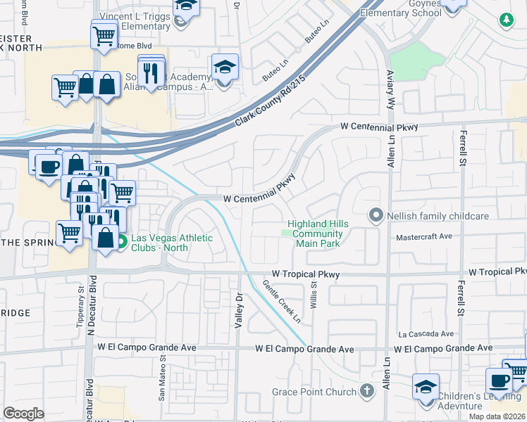 map of restaurants, bars, coffee shops, grocery stores, and more near 4220 Fairywren Drive in North Las Vegas