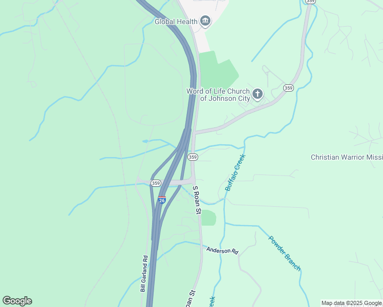 map of restaurants, bars, coffee shops, grocery stores, and more near South Roan Street in Johnson City