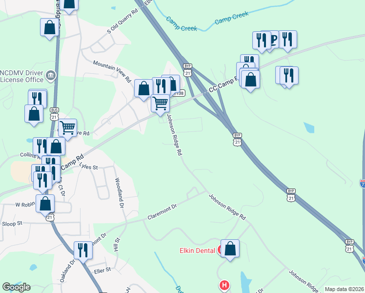 map of restaurants, bars, coffee shops, grocery stores, and more near 942 Johnson Ridge Road in Elkin