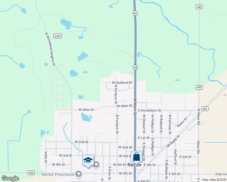 map of restaurants, bars, coffee shops, grocery stores, and more near 236 North Fordyce Street in Rector