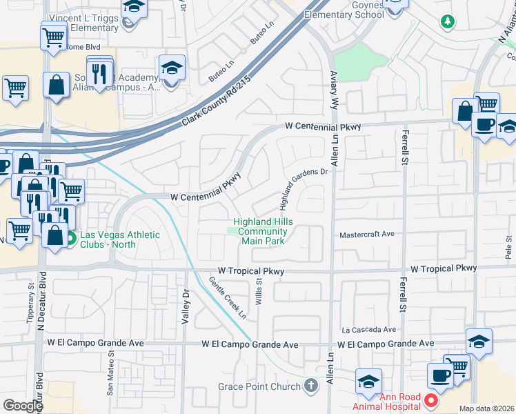 map of restaurants, bars, coffee shops, grocery stores, and more near 6136 Widowbird Street in North Las Vegas