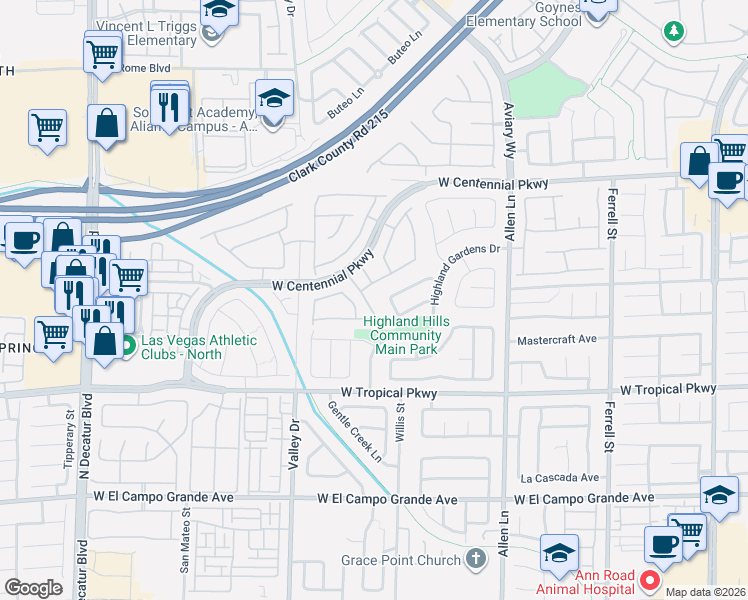 map of restaurants, bars, coffee shops, grocery stores, and more near 6136 Widowbird Street in North Las Vegas