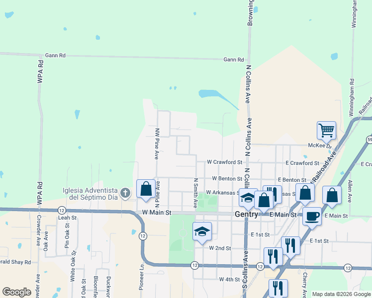 map of restaurants, bars, coffee shops, grocery stores, and more near 501 Magnolia Street in Gentry