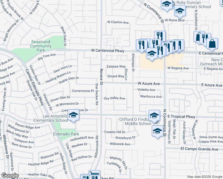 map of restaurants, bars, coffee shops, grocery stores, and more near 6131 Cozy Creek Street in North Las Vegas