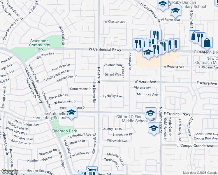 map of restaurants, bars, coffee shops, grocery stores, and more near 6131 Cozy Creek Street in North Las Vegas