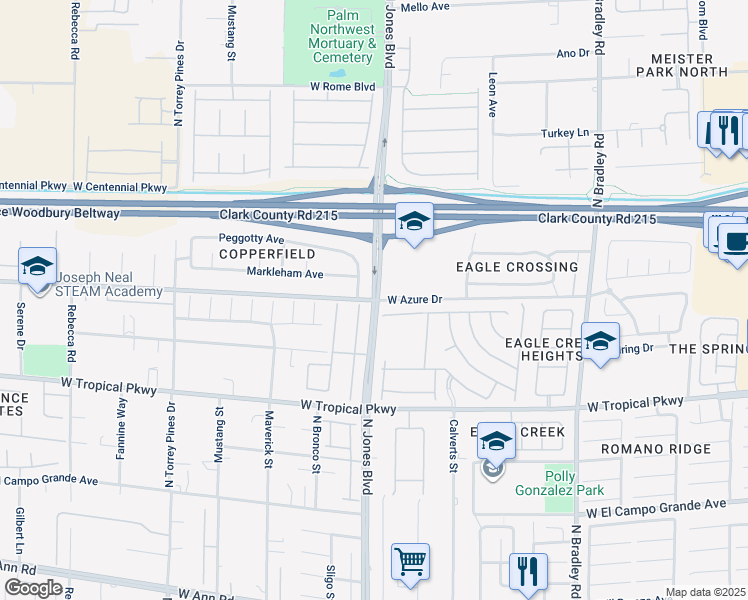 map of restaurants, bars, coffee shops, grocery stores, and more near N Jones Blvd & W Azure Dr in Las Vegas