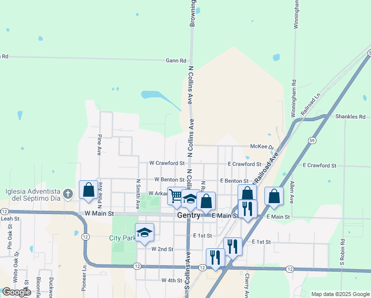map of restaurants, bars, coffee shops, grocery stores, and more near 405 North Collins Avenue in Gentry