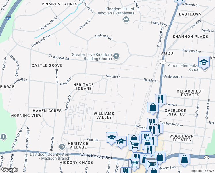 map of restaurants, bars, coffee shops, grocery stores, and more near 585 Heritage Lane in Nashville