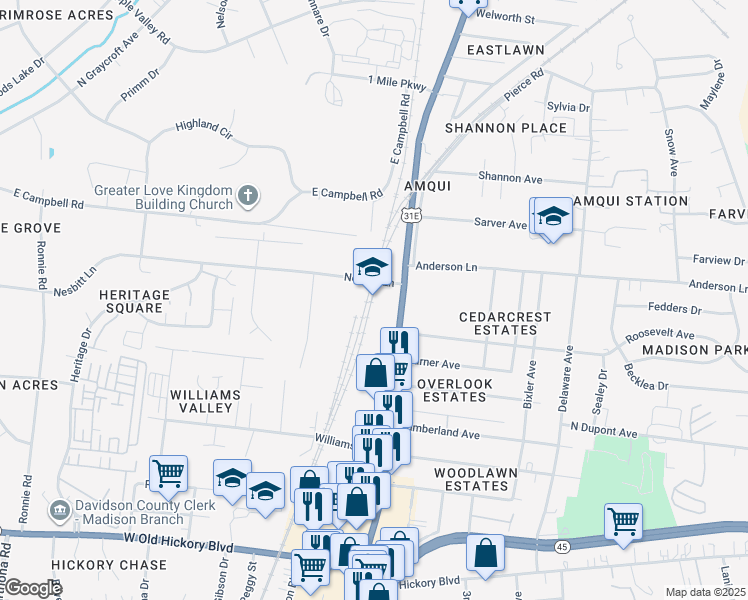 map of restaurants, bars, coffee shops, grocery stores, and more near in Nashville