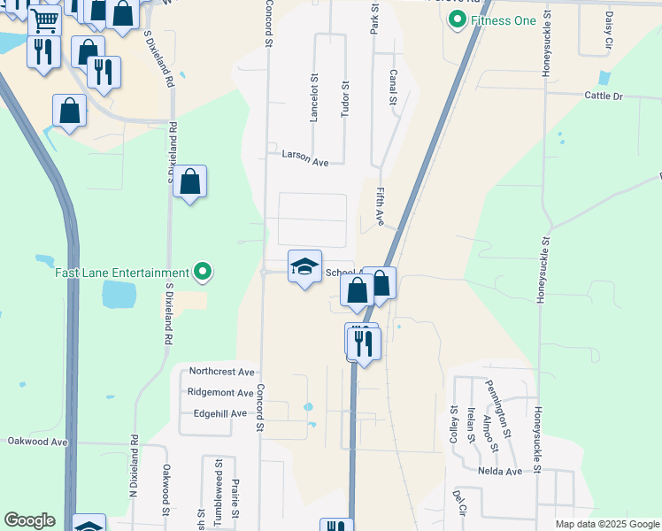 map of restaurants, bars, coffee shops, grocery stores, and more near 1110 Abby Street in Lowell