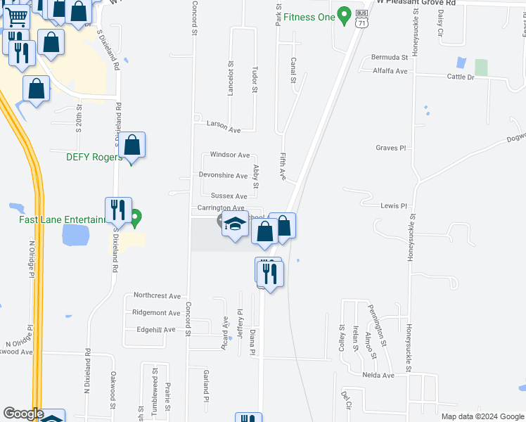 map of restaurants, bars, coffee shops, grocery stores, and more near 1110 Abby Street in Lowell