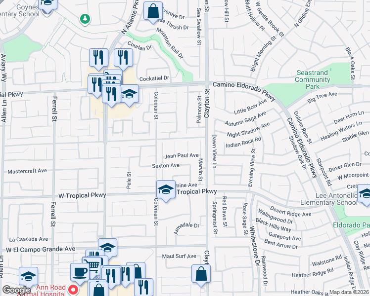 map of restaurants, bars, coffee shops, grocery stores, and more near 6129 Bedrock Court in North Las Vegas