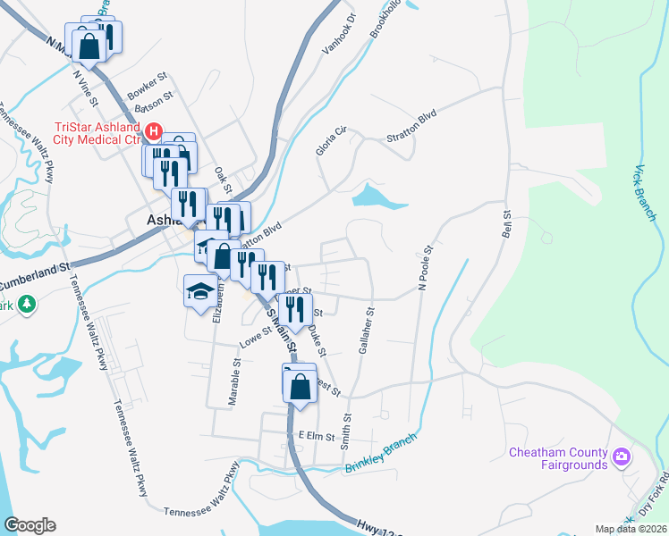 map of restaurants, bars, coffee shops, grocery stores, and more near 105 Fairview Circle in Ashland City