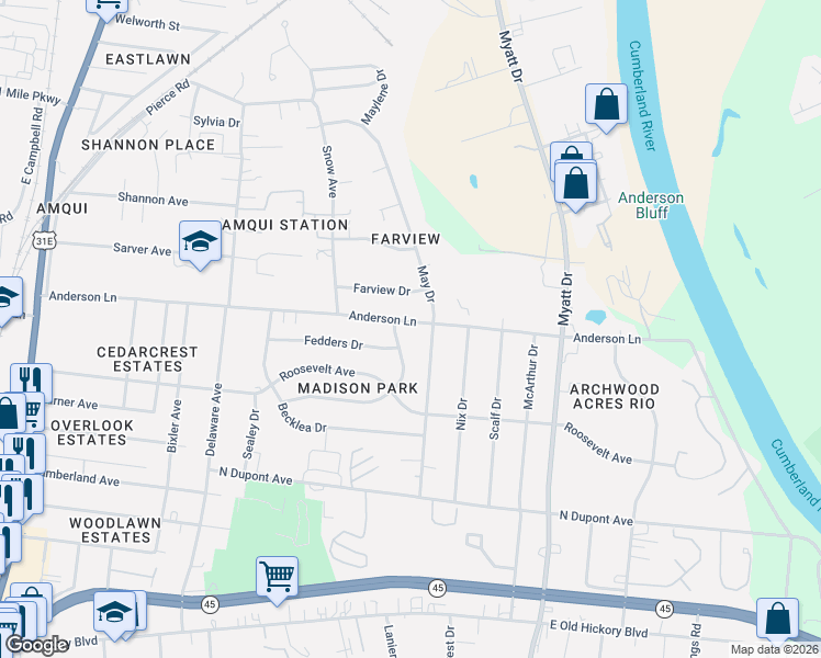 map of restaurants, bars, coffee shops, grocery stores, and more near 641 Anderson Lane in Nashville