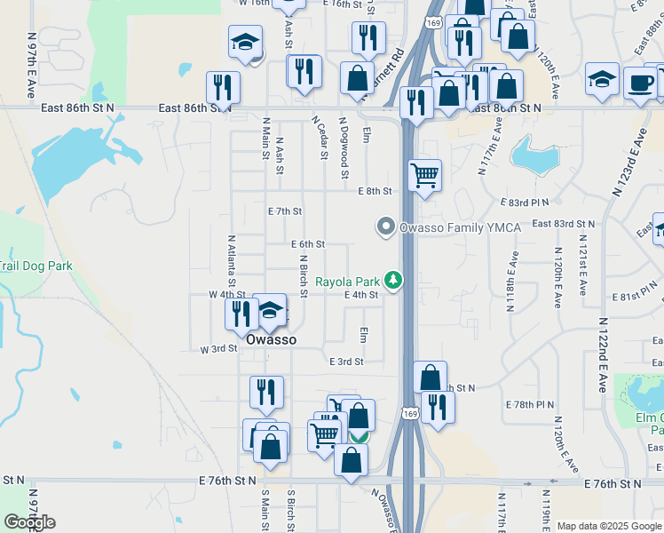 map of restaurants, bars, coffee shops, grocery stores, and more near 510 North Dogwood Street in Owasso