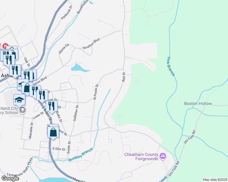 map of restaurants, bars, coffee shops, grocery stores, and more near 2466 Bell Street in Ashland City