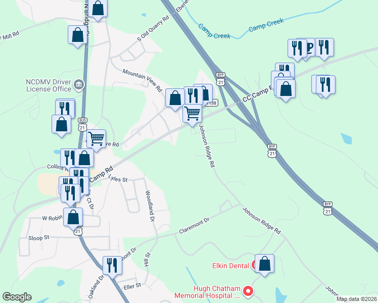 map of restaurants, bars, coffee shops, grocery stores, and more near 941 Johnson Ridge Road in Elkin