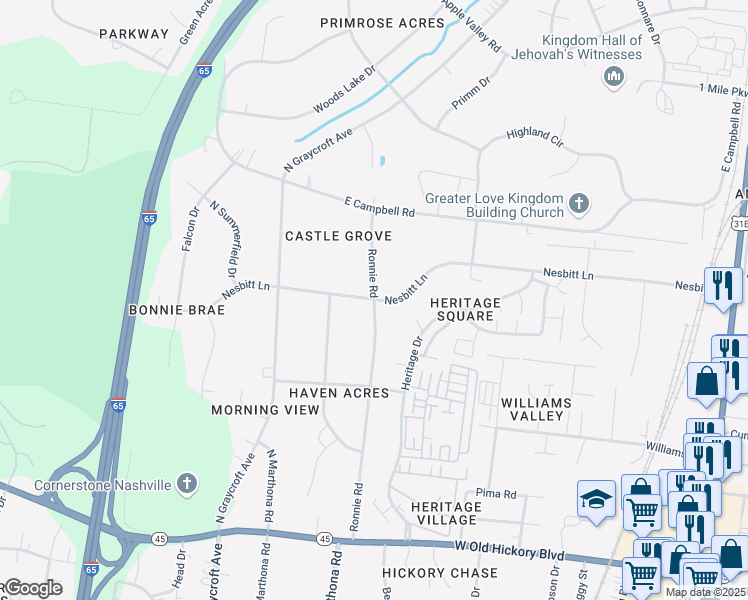 map of restaurants, bars, coffee shops, grocery stores, and more near Nesbitt Lane in Nashville