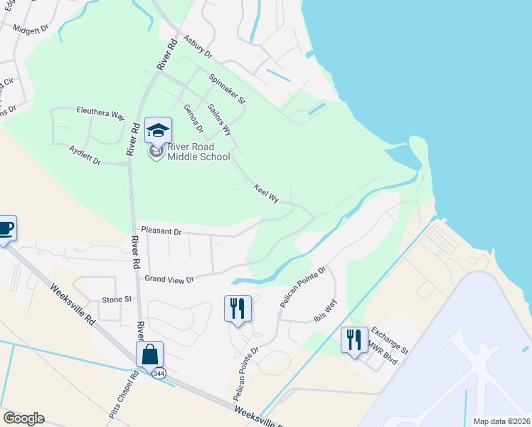 map of restaurants, bars, coffee shops, grocery stores, and more near 105 Gene Street in Elizabeth City