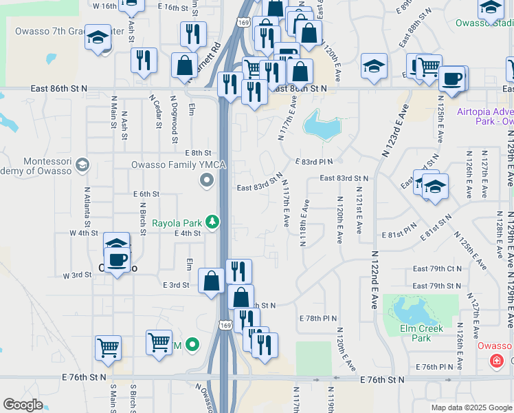 map of restaurants, bars, coffee shops, grocery stores, and more near 8226 North 116th East Avenue in Owasso