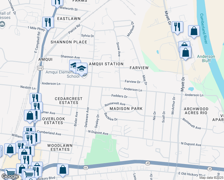 map of restaurants, bars, coffee shops, grocery stores, and more near 578 Anderson Lane in Nashville