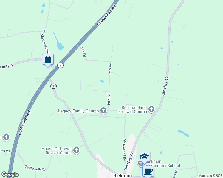 map of restaurants, bars, coffee shops, grocery stores, and more near 227 Park Rd in Overton