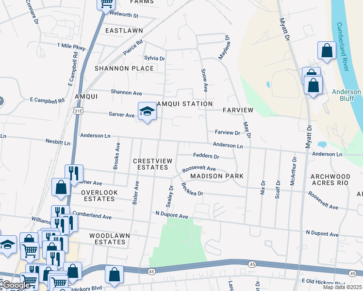 map of restaurants, bars, coffee shops, grocery stores, and more near 562 Anderson Lane in Nashville