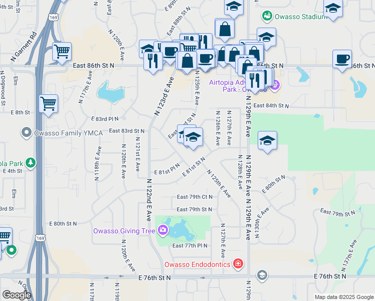 map of restaurants, bars, coffee shops, grocery stores, and more near in Owasso