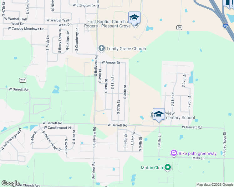 map of restaurants, bars, coffee shops, grocery stores, and more near 5602 West Murfield Drive in Rogers