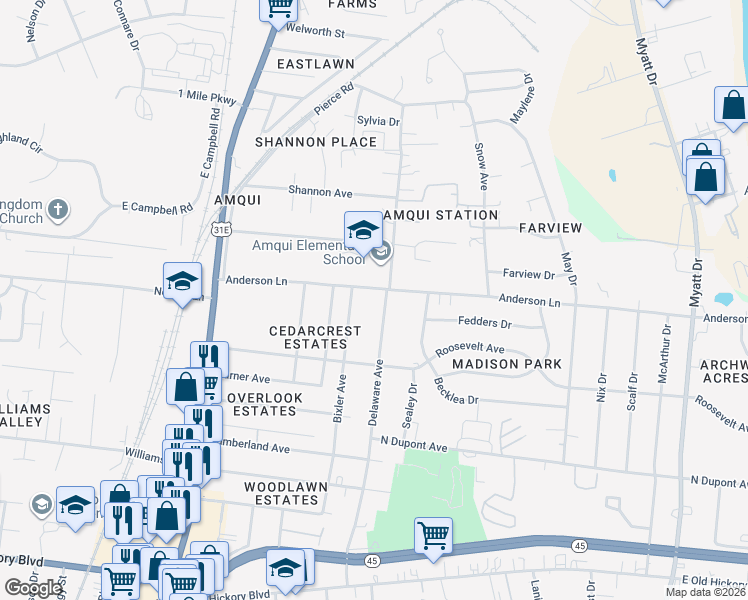 map of restaurants, bars, coffee shops, grocery stores, and more near 420 Anderson Lane in Nashville
