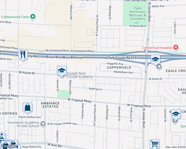 map of restaurants, bars, coffee shops, grocery stores, and more near 6204 Muirlands Court in Las Vegas