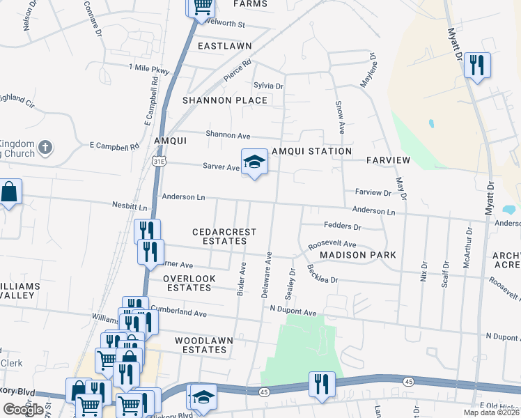 map of restaurants, bars, coffee shops, grocery stores, and more near 420 Anderson Lane in Nashville