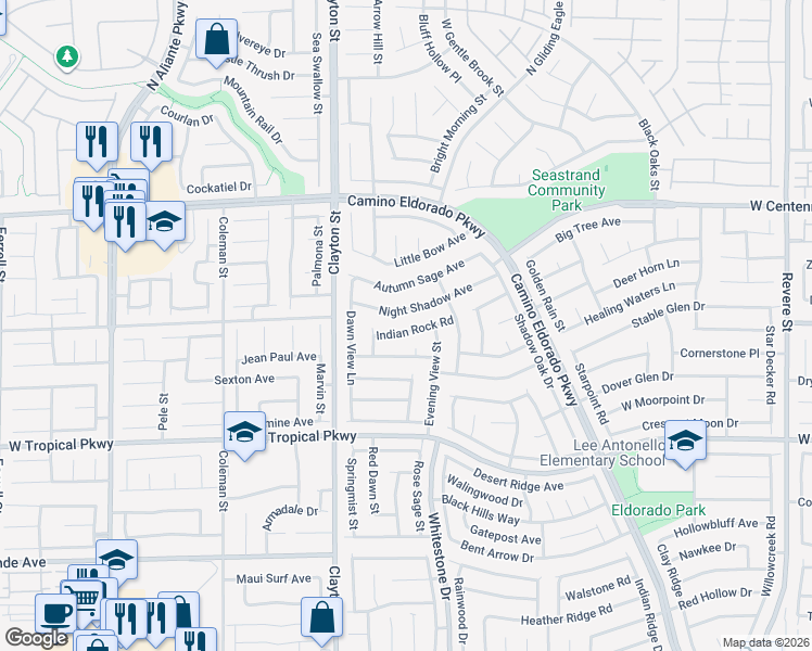 map of restaurants, bars, coffee shops, grocery stores, and more near 1822 Indian Rock Road in North Las Vegas