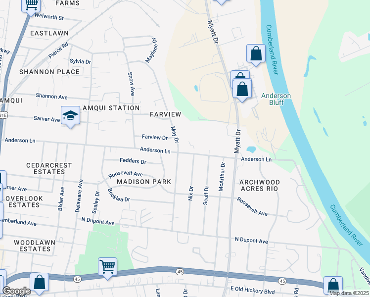 map of restaurants, bars, coffee shops, grocery stores, and more near 705 Anderson Lane in Nashville