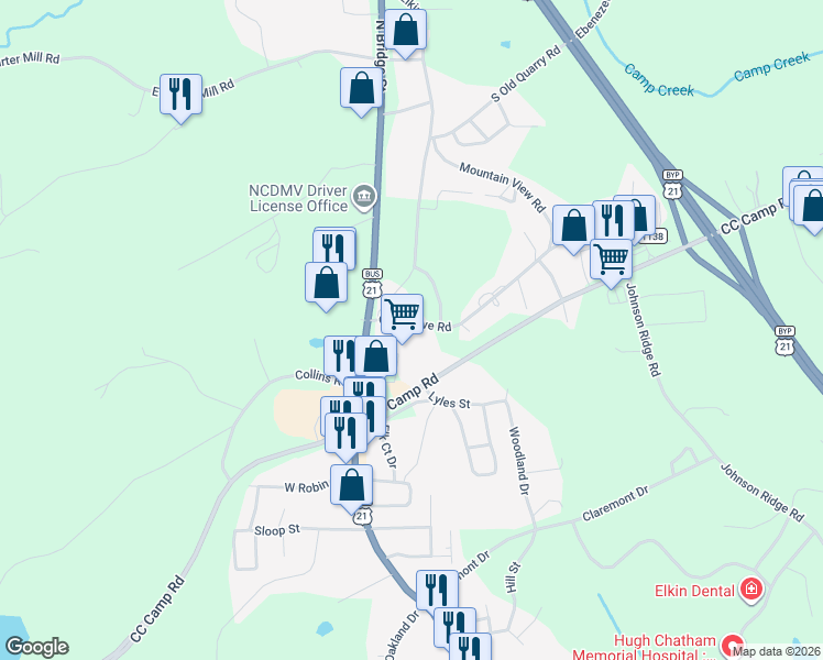 map of restaurants, bars, coffee shops, grocery stores, and more near 150 Oak Grove Road in Elkin