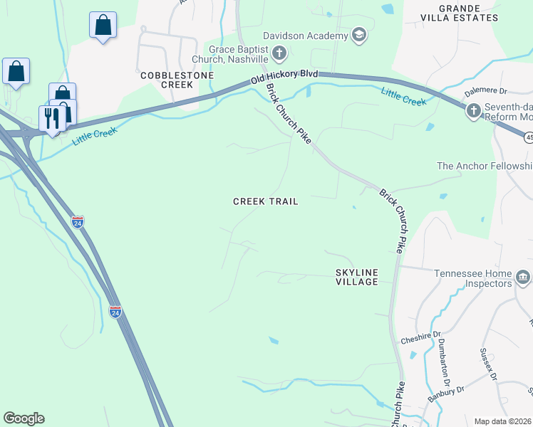 map of restaurants, bars, coffee shops, grocery stores, and more near 4171 Creek Trail Drive in Nashville