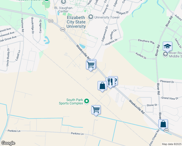 map of restaurants, bars, coffee shops, grocery stores, and more near 1805 Weeksville Road in Elizabeth City