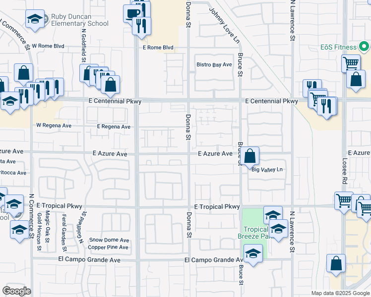 map of restaurants, bars, coffee shops, grocery stores, and more near 6225 Donna Street in North Las Vegas