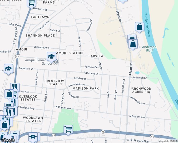 map of restaurants, bars, coffee shops, grocery stores, and more near 615 Anderson Lane in Nashville