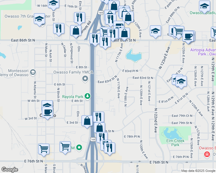 map of restaurants, bars, coffee shops, grocery stores, and more near 8226 North 116th East Avenue in Owasso