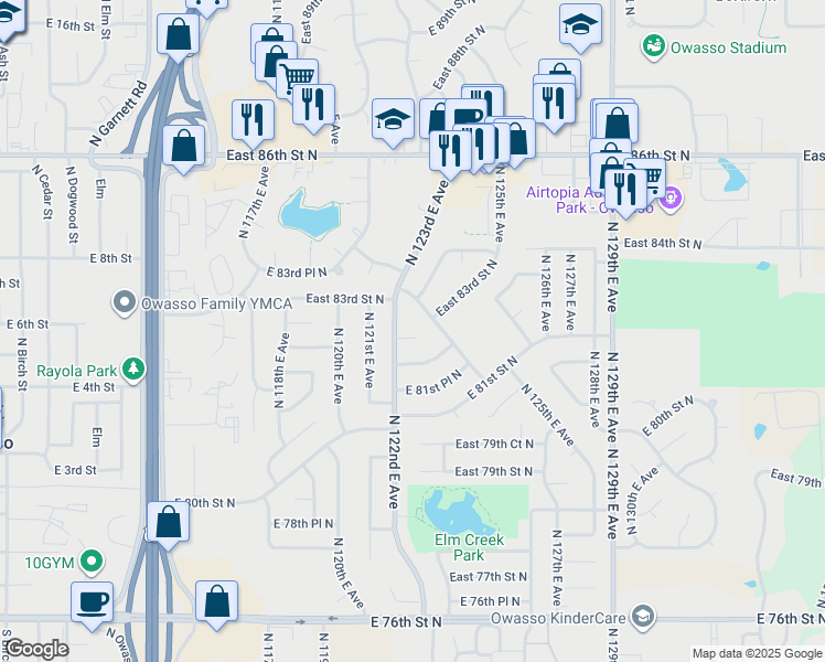 map of restaurants, bars, coffee shops, grocery stores, and more near 12205 East 82nd Place North in Owasso