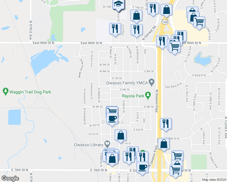 map of restaurants, bars, coffee shops, grocery stores, and more near 104 East 6th Street in Owasso