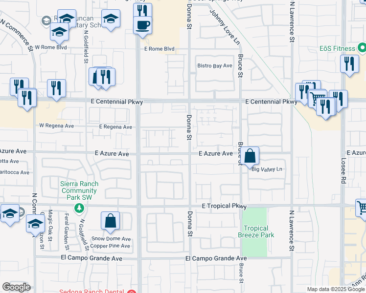 map of restaurants, bars, coffee shops, grocery stores, and more near 6225 Donna Street in North Las Vegas