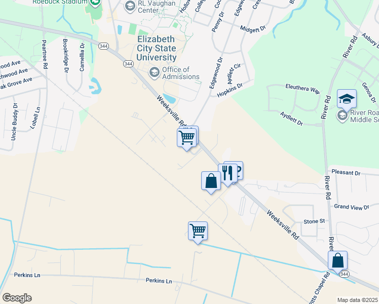 map of restaurants, bars, coffee shops, grocery stores, and more near 1805 Weeksville Road in Elizabeth City